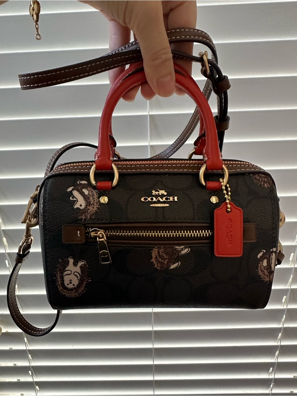 COACH Black Signature Mini Satchel with Red Handles and Tag